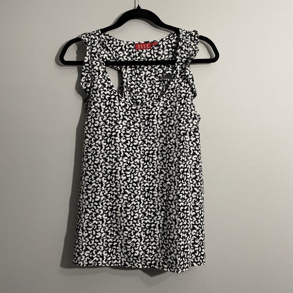 Elle Women’s Modern Feminine Black White Floral Tank Sleeveless Scoop Neck Racer